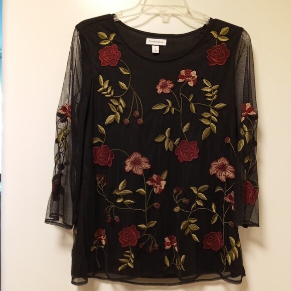 Charter Club Embroidered Flowers Mesh Overlay Black Blouse Top sz S - Picture 2 of 8